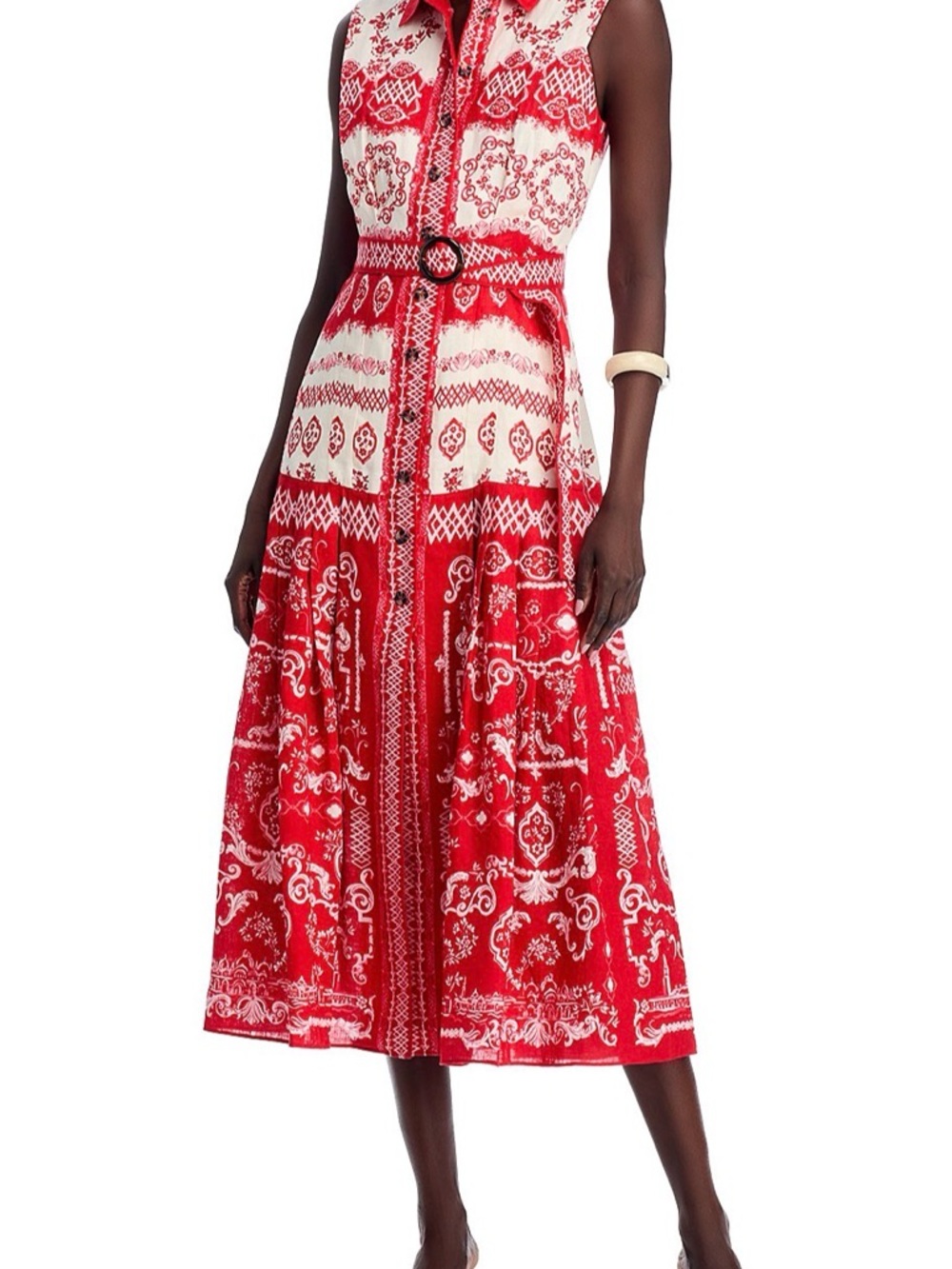 SALONI Red and White Patterned Sleeveless Midi Dress